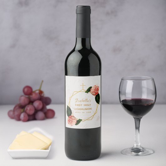Eerste Heilige Communie Bloemen Camellia Goud Marm Wijn Etiket