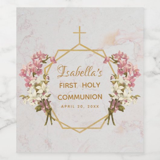 Eerste Heilige Communie Bloemen Gouden Marmeren Or Wijn Etiket (Enkel label)