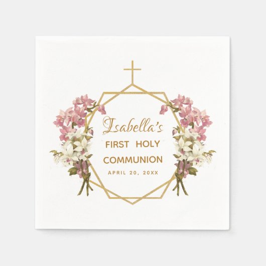 Eerste Heilige Communie Bloemen Gouden Orchideeën Servet (Voorkant)