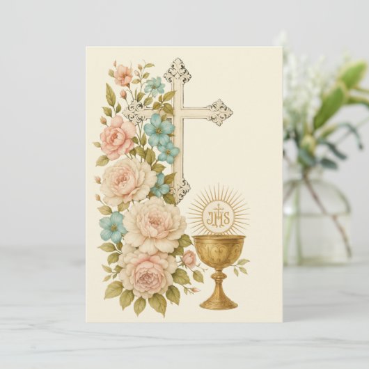 Eerste Heilige Communie  Bloemen Kaart (Staand voorkant)