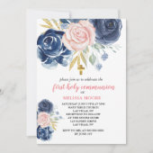 Eerste Heilige Communie Bloemen Navy Blauw Roze Kaart (Voorkant)