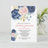 Eerste Heilige Communie Bloemen Navy Blauw Roze Kaart (Staand voorkant)