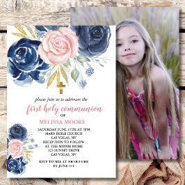 Eerste Heilige Communie Bloemen Navy Blauw Roze Kaart