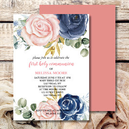 Eerste Heilige Communie Bloemen Navy Blauw Roze Kaart