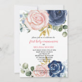 Eerste Heilige Communie Bloemen Navy Blauw Roze Kaart (Voorkant)