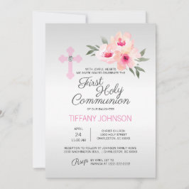Eerste Heilige Communie Bloemen Roze Kruis MEISJE Kaart