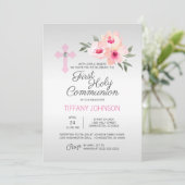 Eerste Heilige Communie Bloemen Roze Kruis MEISJE  Kaart (Staand voorkant)