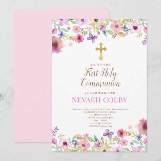 Eerste Heilige Communie Bloemen Uitnodigingen (Voorkant / Achterkant)