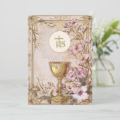 Eerste Heilige Communie Bloemen Vintage Kaart (Staand voorkant)