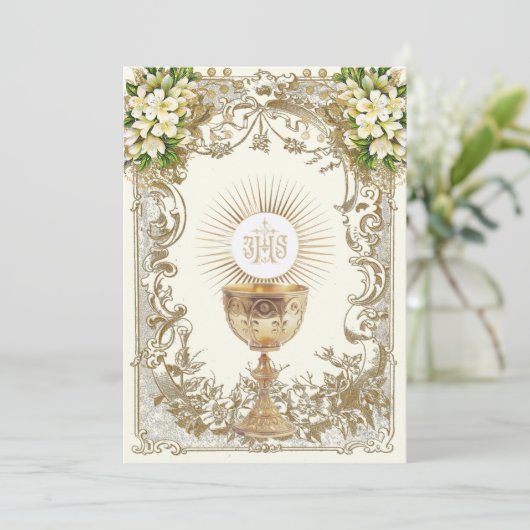 Eerste Heilige Communie Bloemenuitnodiging Kaart (Staand voorkant)