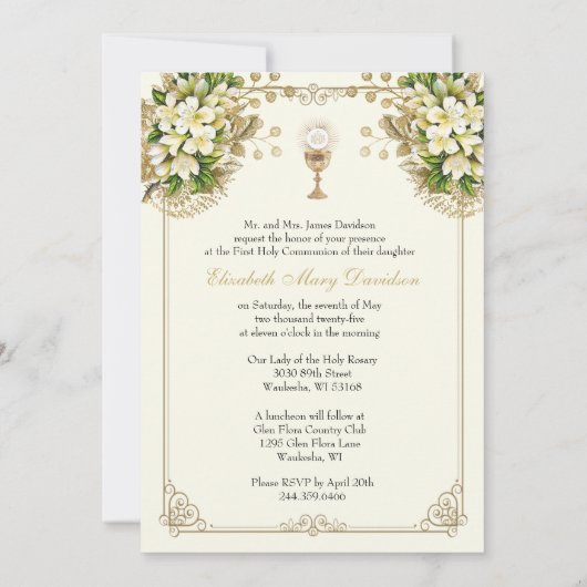 Eerste Heilige Communie Bloemenuitnodiging Kaart (Achterkant)