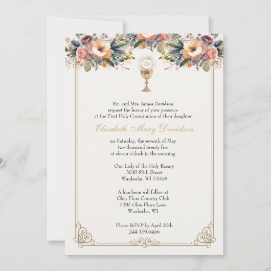 Eerste Heilige Communie Bloemenuitnodiging Kaart (Achterkant)