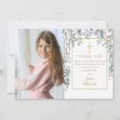 Eerste Heilige Communie Bloemige Gebladerte Foto Bedankkaart (Voorkant)