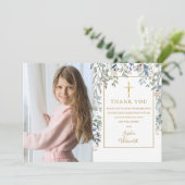 Eerste Heilige Communie Bloemige Gebladerte Foto Bedankkaart (Staand voorkant)