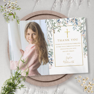 Eerste Heilige Communie Bloemige Gebladerte Foto Bedankkaart