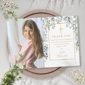 Eerste Heilige Communie Bloemige Gebladerte Foto Bedankkaart