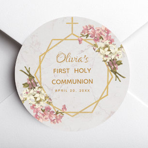 Eerste Heilige Communie Bloemige Gouden Orchideeën Ronde Sticker