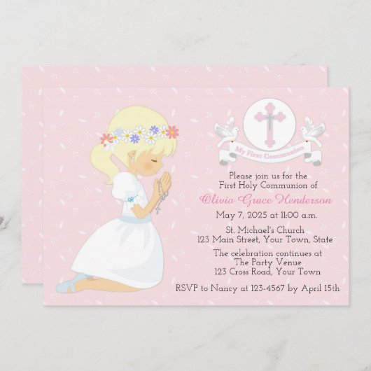 Eerste Heilige Communie Blond Meisje Witte Duiven Kaart (Voorkant / Achterkant)