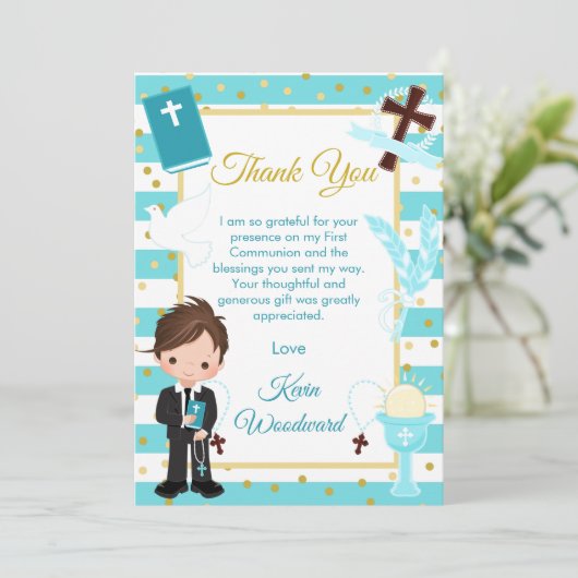 Eerste Heilige Communie Blonde Jongen met Blauwe S Bedankkaart (Staand voorkant)