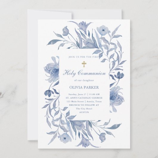 Eerste Heilige Communie | Blue Floral Chinoiserie Kaart (Voorkant)