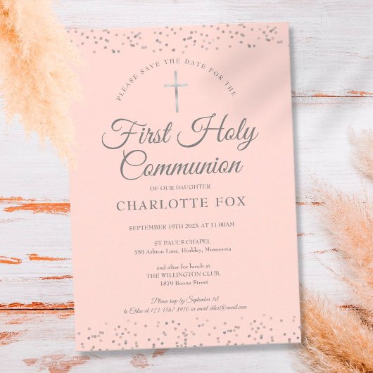 Eerste Heilige Communie Blush Pink Silver Stardust Save The Date