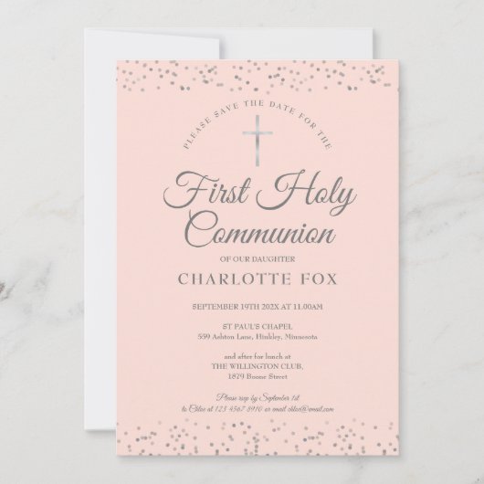 Eerste Heilige Communie Blush Pink Silver Stardust Save The Date (Voorkant)