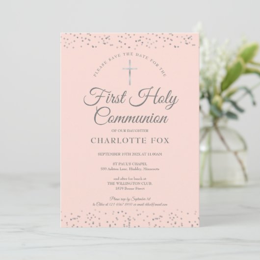 Eerste Heilige Communie Blush Pink Silver Stardust Save The Date (Staand voorkant)