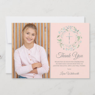 Eerste Heilige Communie Blush Roze Foto Zilver Bedankkaart