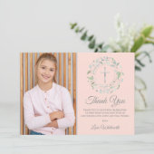 Eerste Heilige Communie Blush Roze Foto Zilver Bedankkaart (Staand voorkant)