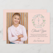 Eerste Heilige Communie Blush Roze Foto Zilver Bedankkaart (Voorkant / Achterkant)