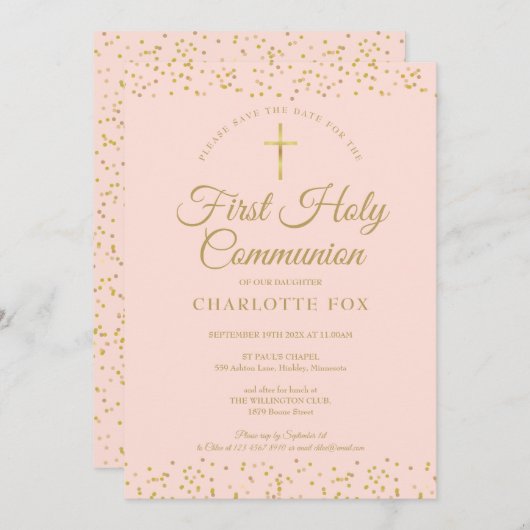 Eerste Heilige Communie Blush Roze Goud Stof Save The Date (Voorkant / Achterkant)