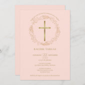 Eerste Heilige Communie Blush Roze Gouden Kruis Bl Kaart (Voorkant / Achterkant)