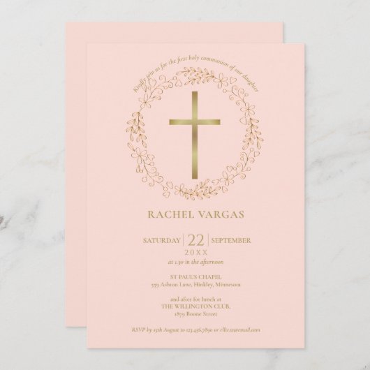 Eerste Heilige Communie Blush Roze Gouden Kruis Bl Kaart (Voorkant / Achterkant)