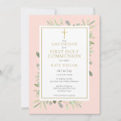 Eerste Heilige Communie Blush Roze Groene Tinten Save The Date (Voorkant)