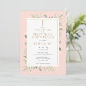 Eerste Heilige Communie Blush Roze Groene Tinten Save The Date (Staand voorkant)