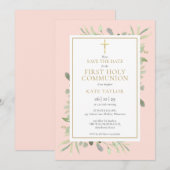 Eerste Heilige Communie Blush Roze Groene Tinten Save The Date (Voorkant / Achterkant)