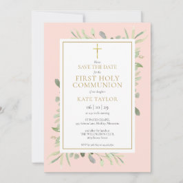 Eerste Heilige Communie Blush Roze Groene Tinten Save The Date