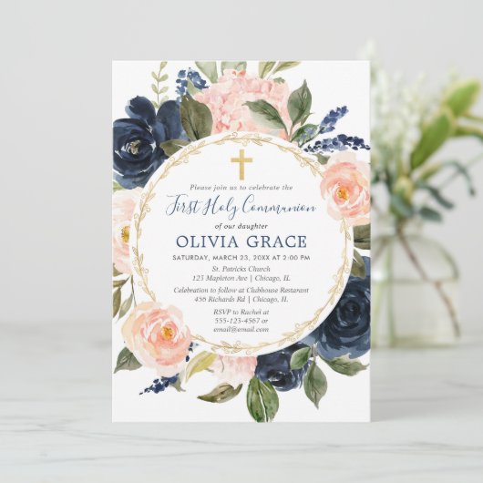 Eerste Heilige Communie blush roze marineblauw mei Kaart (Staand voorkant)