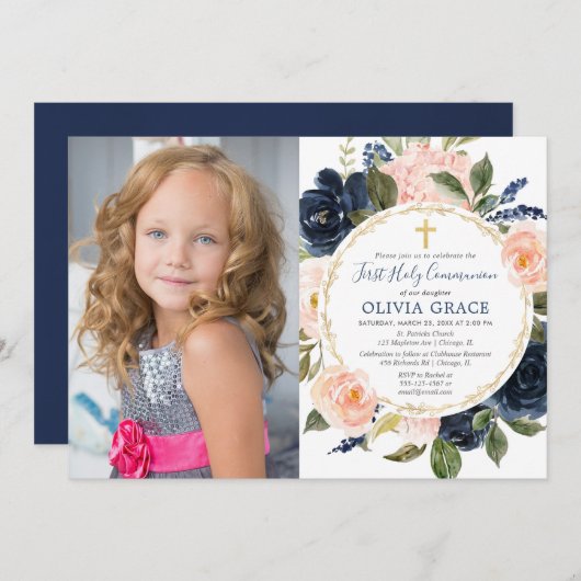 Eerste Heilige Communie blush roze marineblauwe fo Kaart (Voorkant / Achterkant)