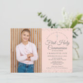 Eerste Heilige Communie Blush Roze Stardust Foto Save The Date (Staand voorkant)