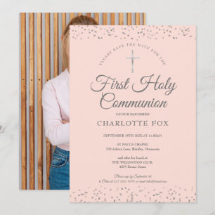 Eerste Heilige Communie Blush Roze Stardust Foto Save The Date