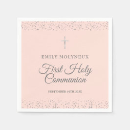 Eerste Heilige Communie Blush Roze Zilveren Sterre Servet
