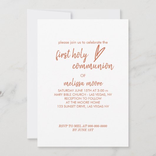 Eerste Heilige Communie Boho Modern Heart Terracot Kaart (Voorkant)