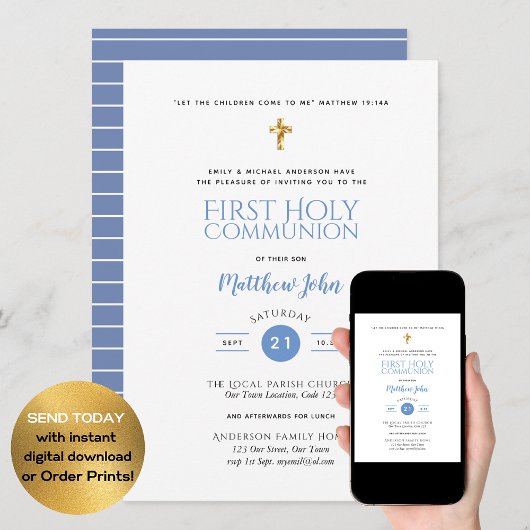 Eerste Heilige Communie BOYS blauwe uitnodigingen
