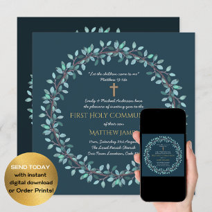 Eerste Heilige Communie Boys Blue Wreath Invitatio Kaart