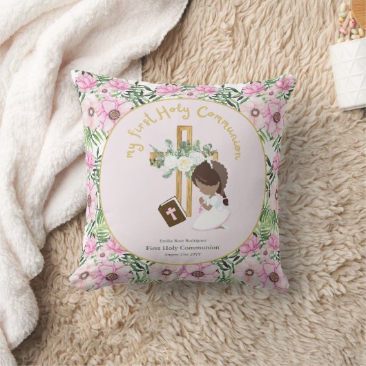 Eerste Heilige Communie Bruin Meisje met Bruine Ha Kussen (Deken)