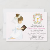 Eerste Heilige Communie Brunette Girl Floral Wreat Kaart (Voorkant)