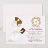 Eerste Heilige Communie Brunette Girl Floral Wreat Kaart (Voorkant / Achterkant)