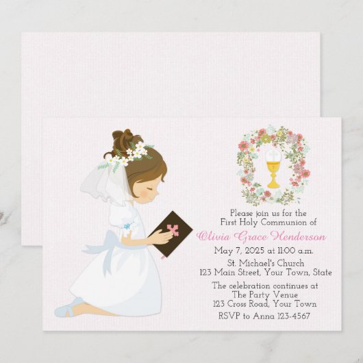 Eerste Heilige Communie Brunette Girl Floral Wreat Kaart (Voorkant / Achterkant)