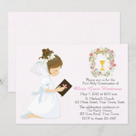 Eerste Heilige Communie Brunette Girl Floral Wreat Kaart